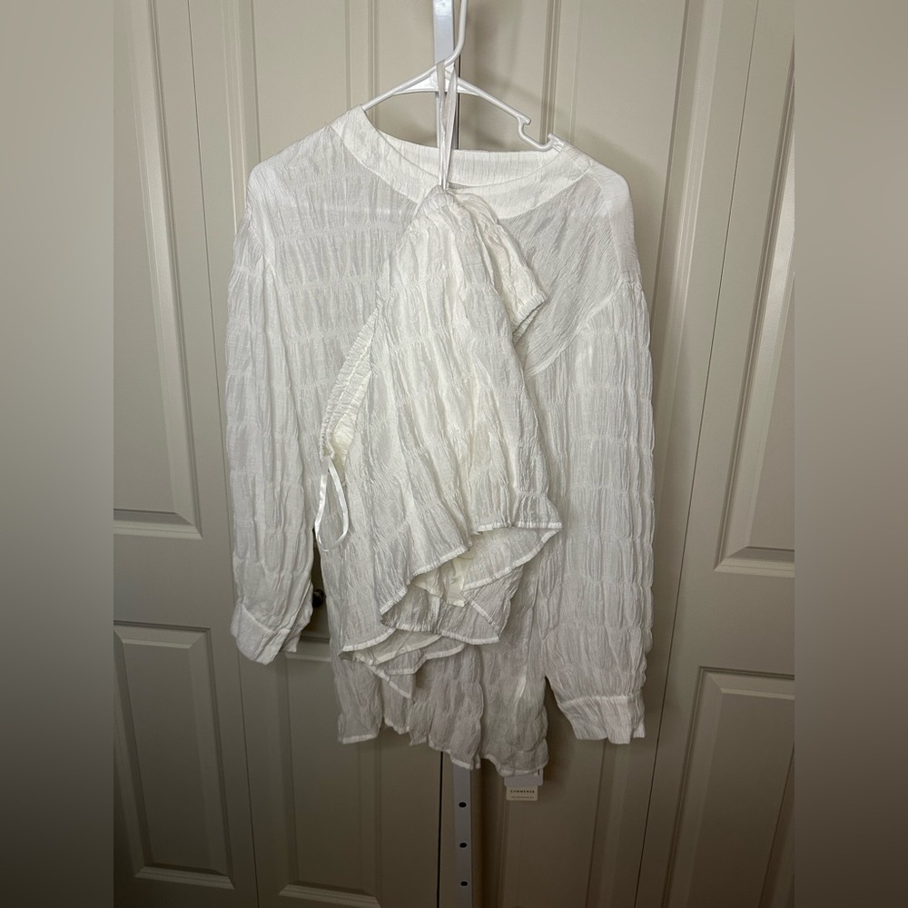 White Textured Button-Up‎ Blouse Set